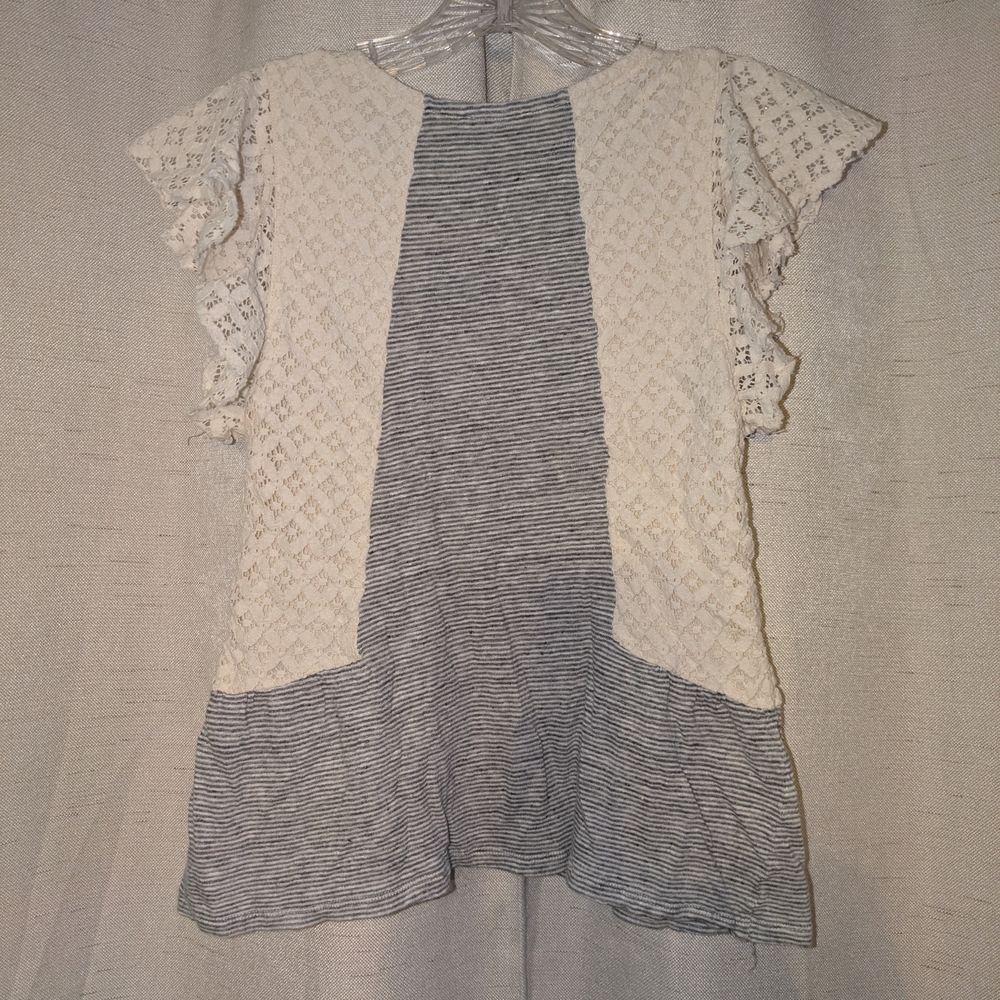 Bordeaux Cream Lace and Gray Striped Blouse - Picture 1 of 5